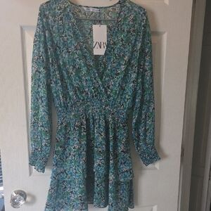 Zara Women's Long Sleeve Floral Green Dress